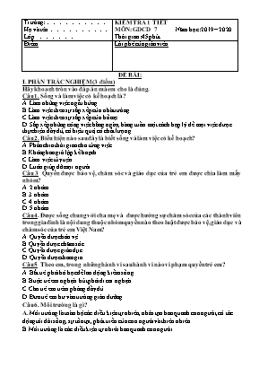 Đề kiểm tra một tiết môn Giáo dục công dân Lớp 7 - Năm học 2019-2020